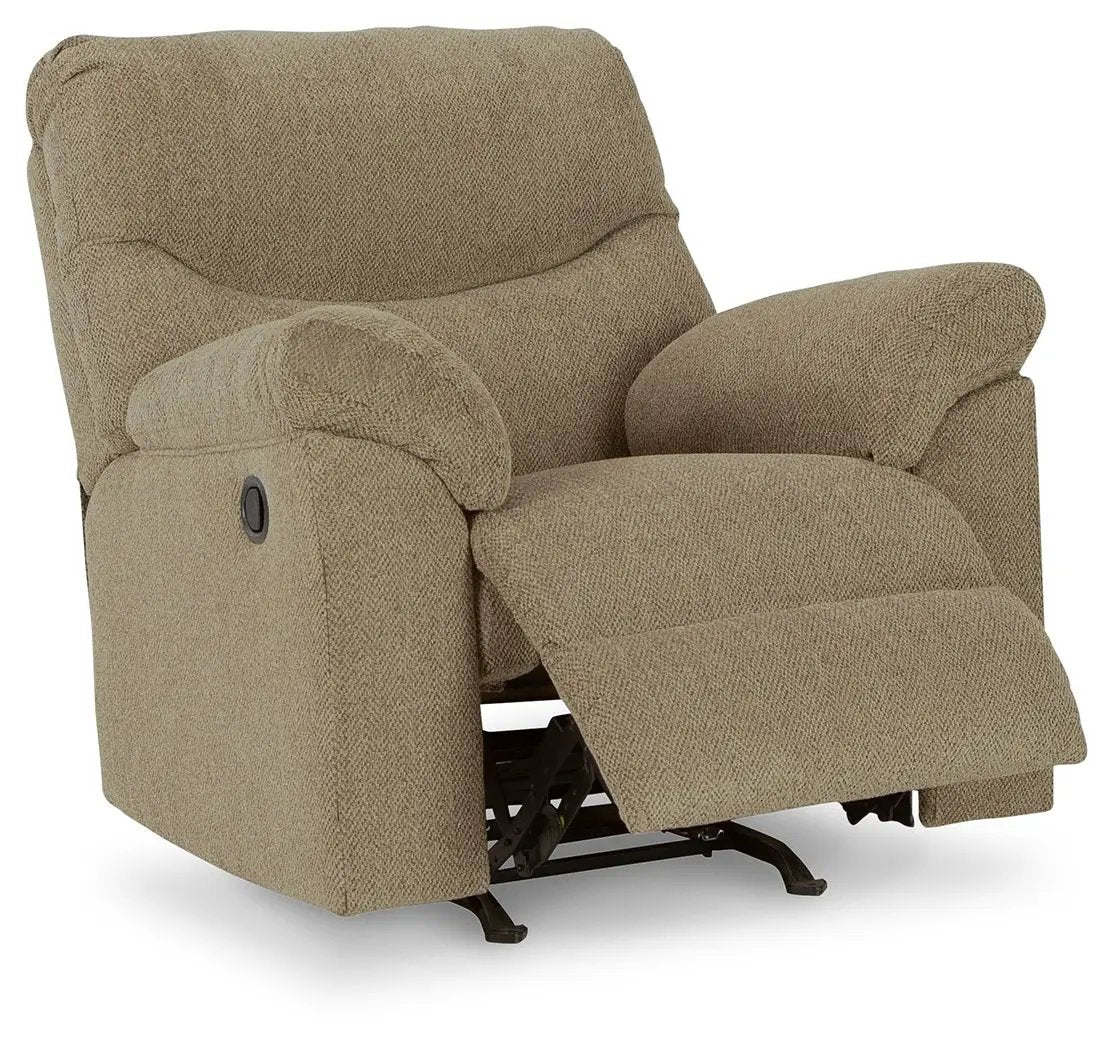 Alphons Rocker Recliner in beige textured fabric with cushioned arms and extended footrest on Tampa Home & Garden Store