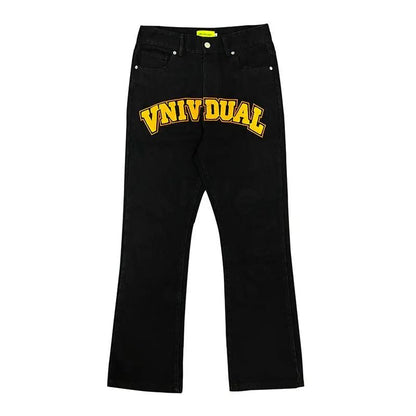 Unisex black towel-embroidered jeans with yellow VNIVIDAL graphic, FLIPSTYLEZLLC on Tampa Home & Garden Store