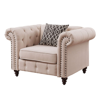 Aurelia linen armchair beige tufted with nailhead trim and patterned pillow, HouseOfZazla on Tampa Home & Garden Store