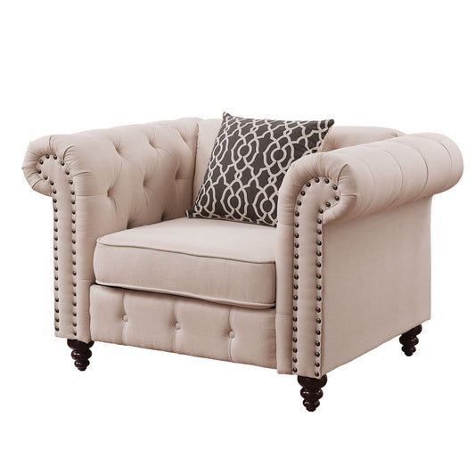 Aurelia linen armchair beige tufted with nailhead trim and patterned pillow, HouseOfZazla on Tampa Home & Garden Store