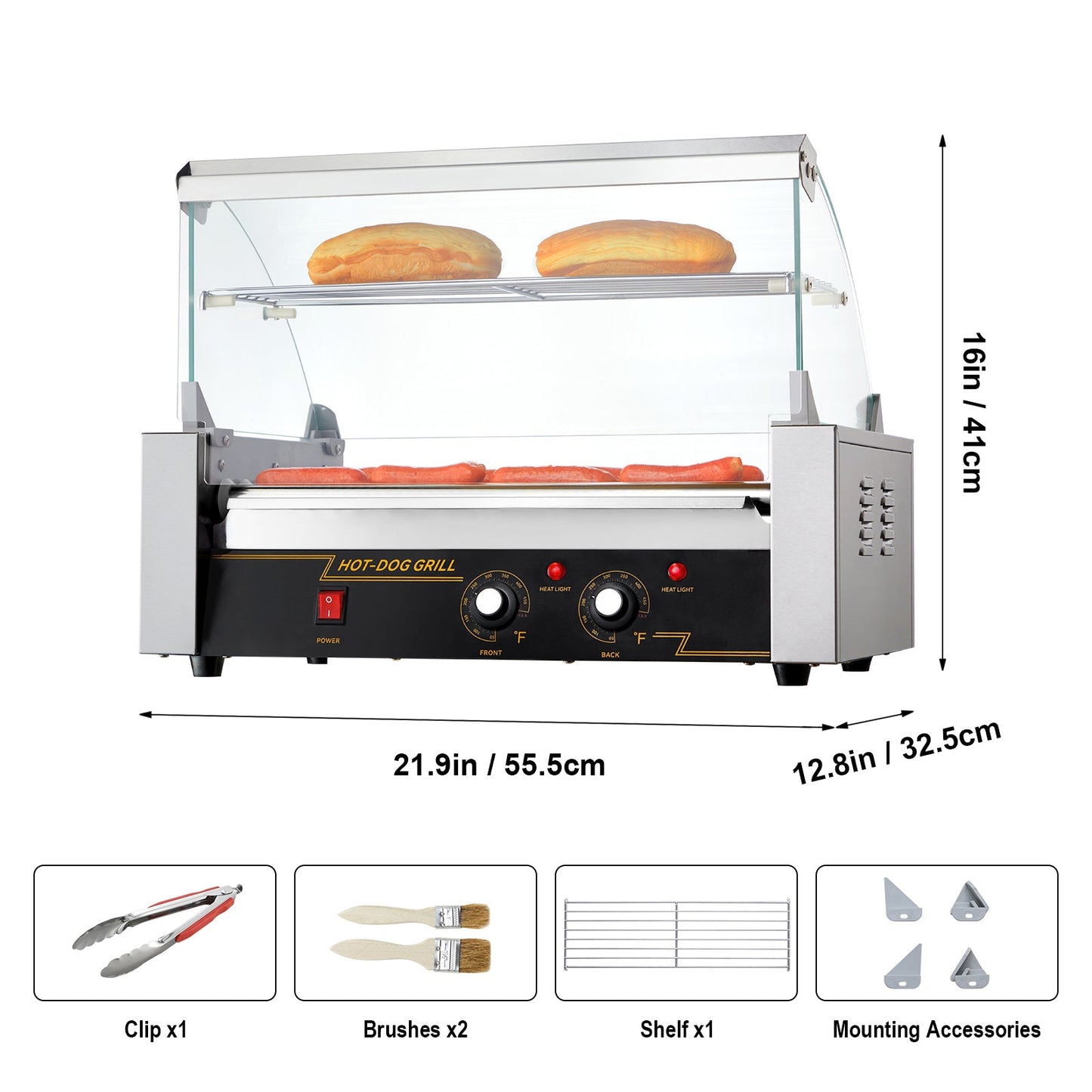 Hot dog roller grill HouseOfZazla with 7 rollers and 18 hot dogs capacity, stainless steel body with glass guard on Tampa Home & Garden Store