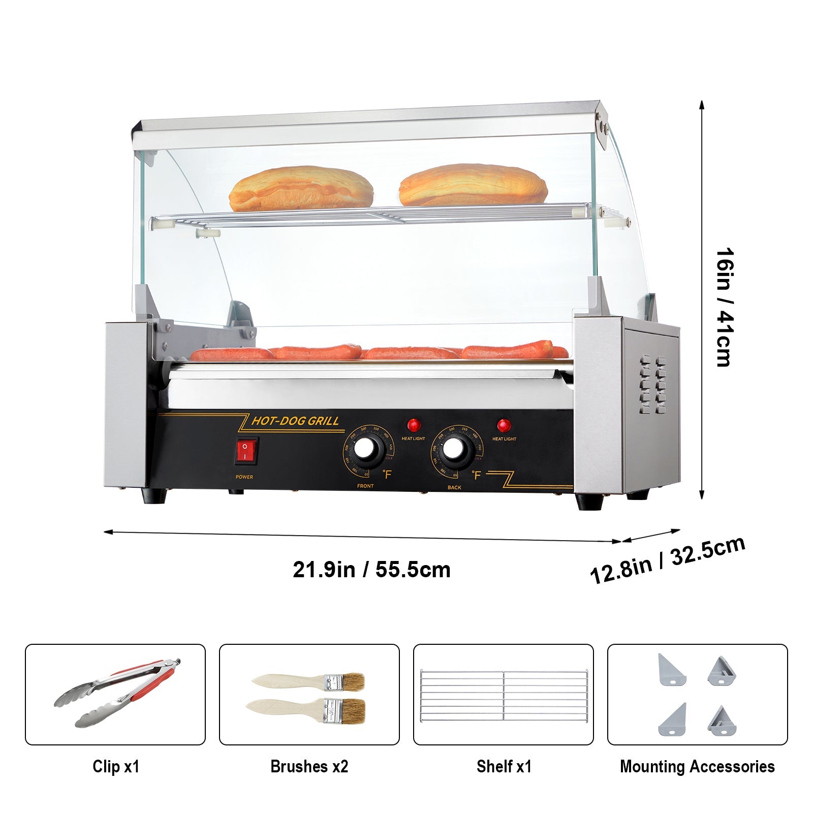 Hot dog roller grill HouseOfZazla with 7 rollers and 18 hot dogs capacity, stainless steel body with glass guard on Tampa Home & Garden Store