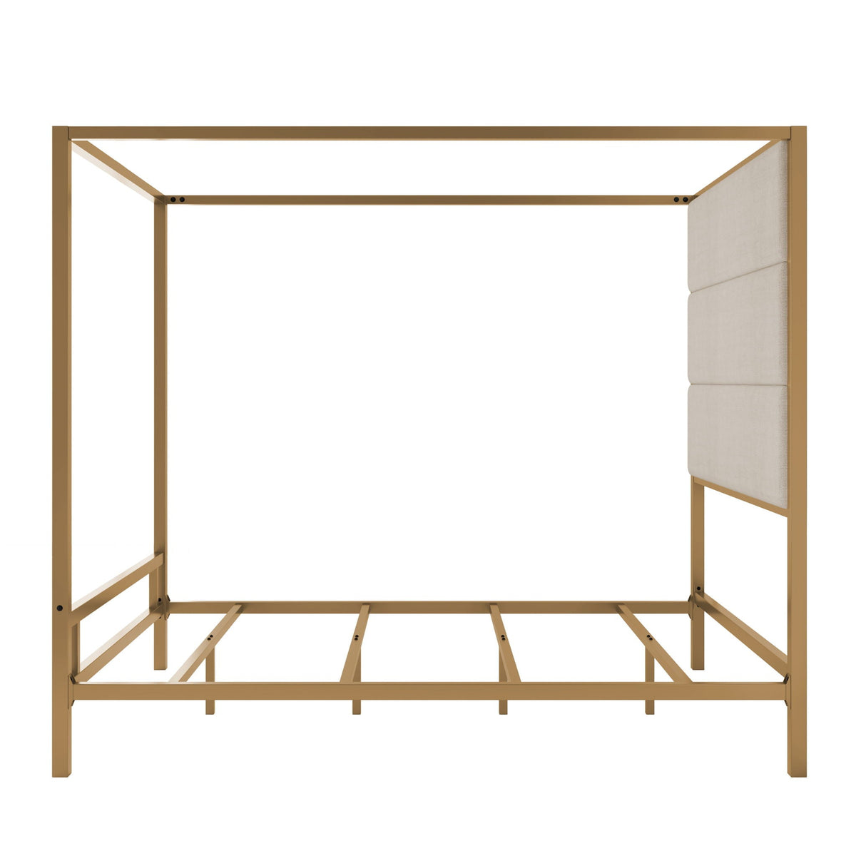 Canopy bed frame with tall upholstered headboard and gold four-poster frame on Tampa Home & Garden Store