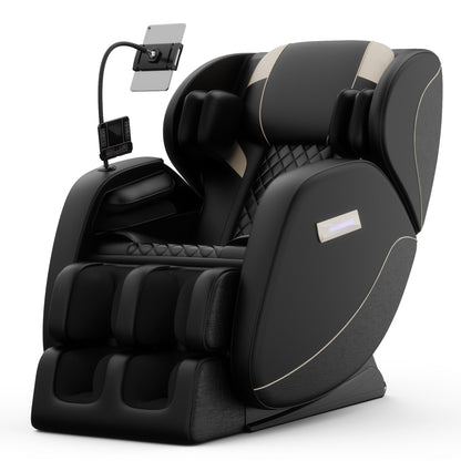 Massage chair recliner with zero gravity and air pressure, black leather with beige piping on Tampa Home & Garden Store