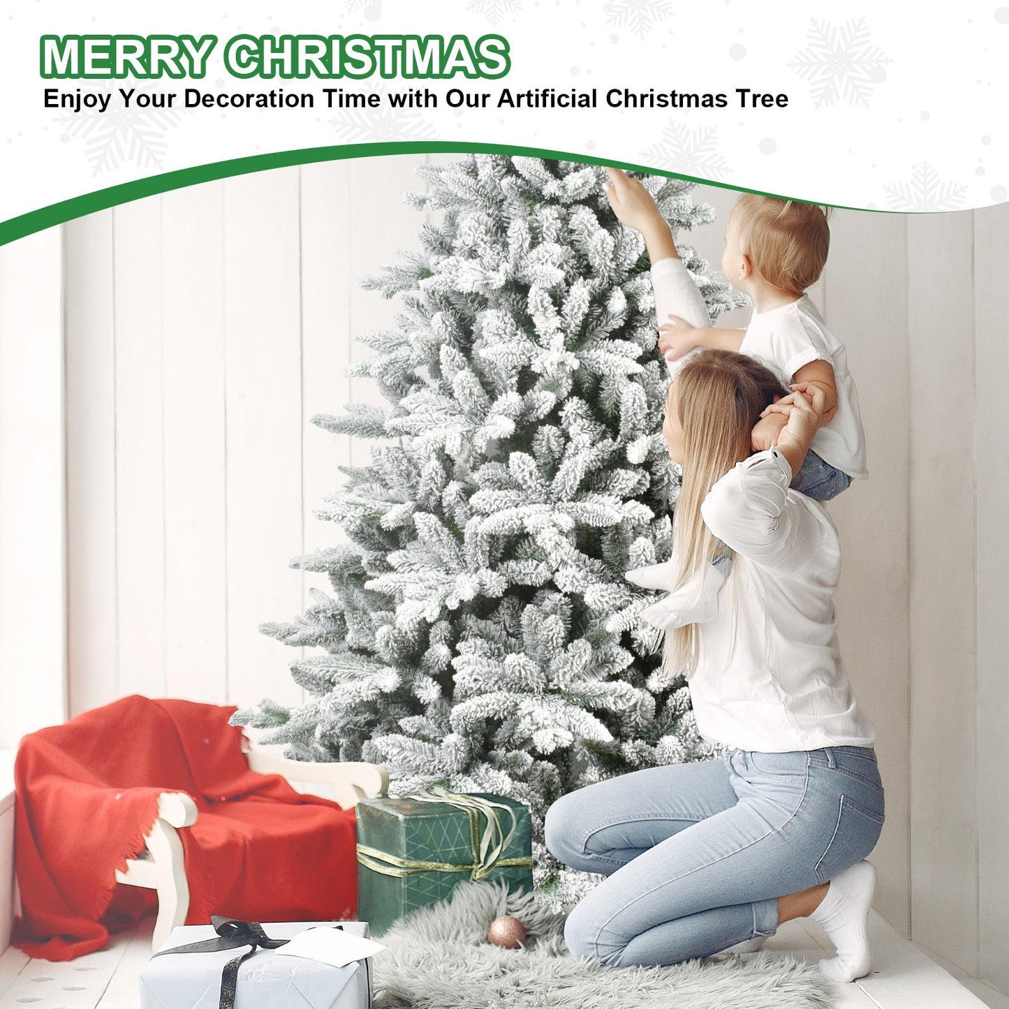 7ft flocked Christmas Tree with 1514 Tips by HouseOfZazla, snowy branches as kids decorate on Tampa Home & Garden Store