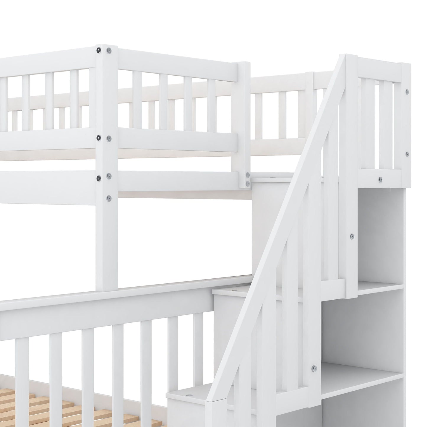 Bunk bed with staircase, white wood frame with slatted guard rails and right-side staircase on Tampa Home & Garden Store