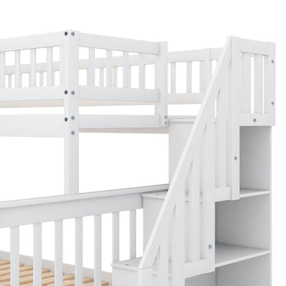 Bunk bed with staircase, white wood frame with slatted guard rails and right-side staircase on Tampa Home & Garden Store