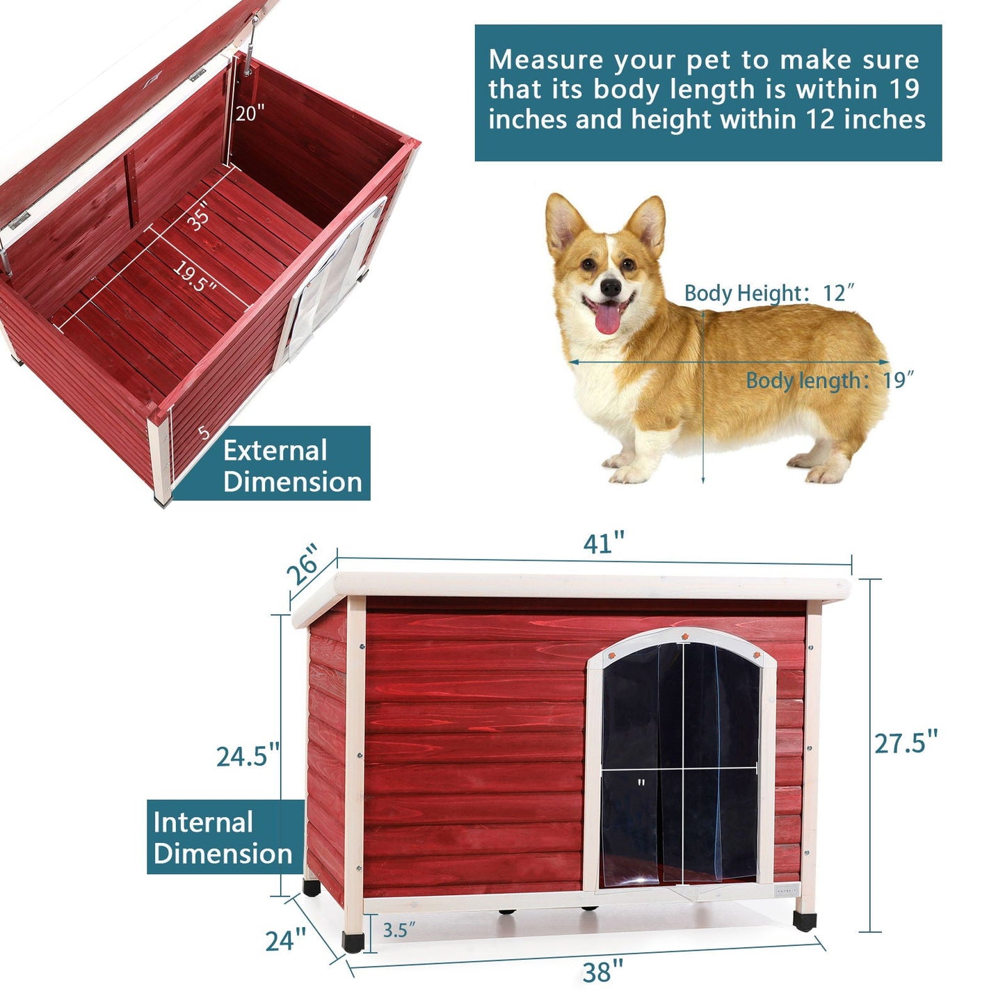 Medium wooden dog house with waterproof roof, elevated floor, adjustable plastic feet on Tampa Home & Garden Store