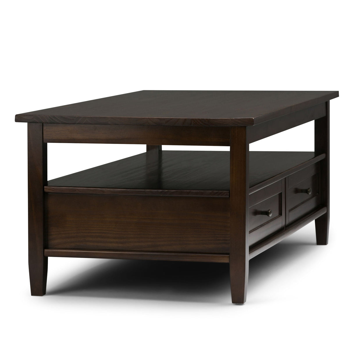 Warm Shaker Coffee Table with a Drawer and Shelf by HouseOfZazla, dark wood finish, corner view on Tampa Home & Garden Store