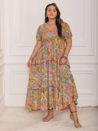 Stevvex plus size printed V-neck short sleeve maxi dress with colorful floral tiered on Tampa Home & Garden Store