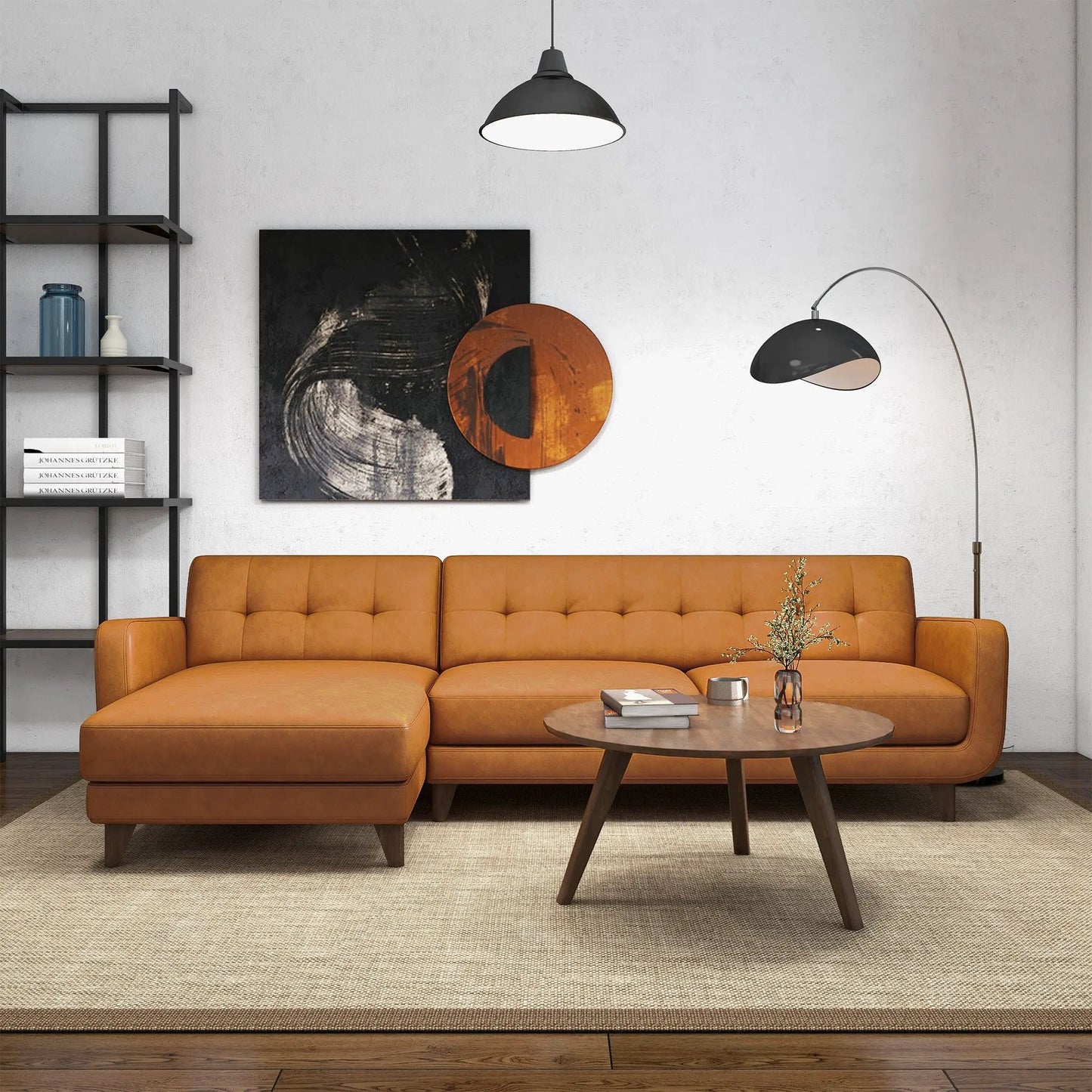 Allison mid-century modern stationary sectional chaise in warm tan leather with dark wood legs on Tampa Home & Garden Store