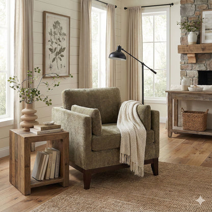Chios Arm Chair in olive green woven fabric with dark wooden legs, cozy living room accent on Tampa Home & Garden Store