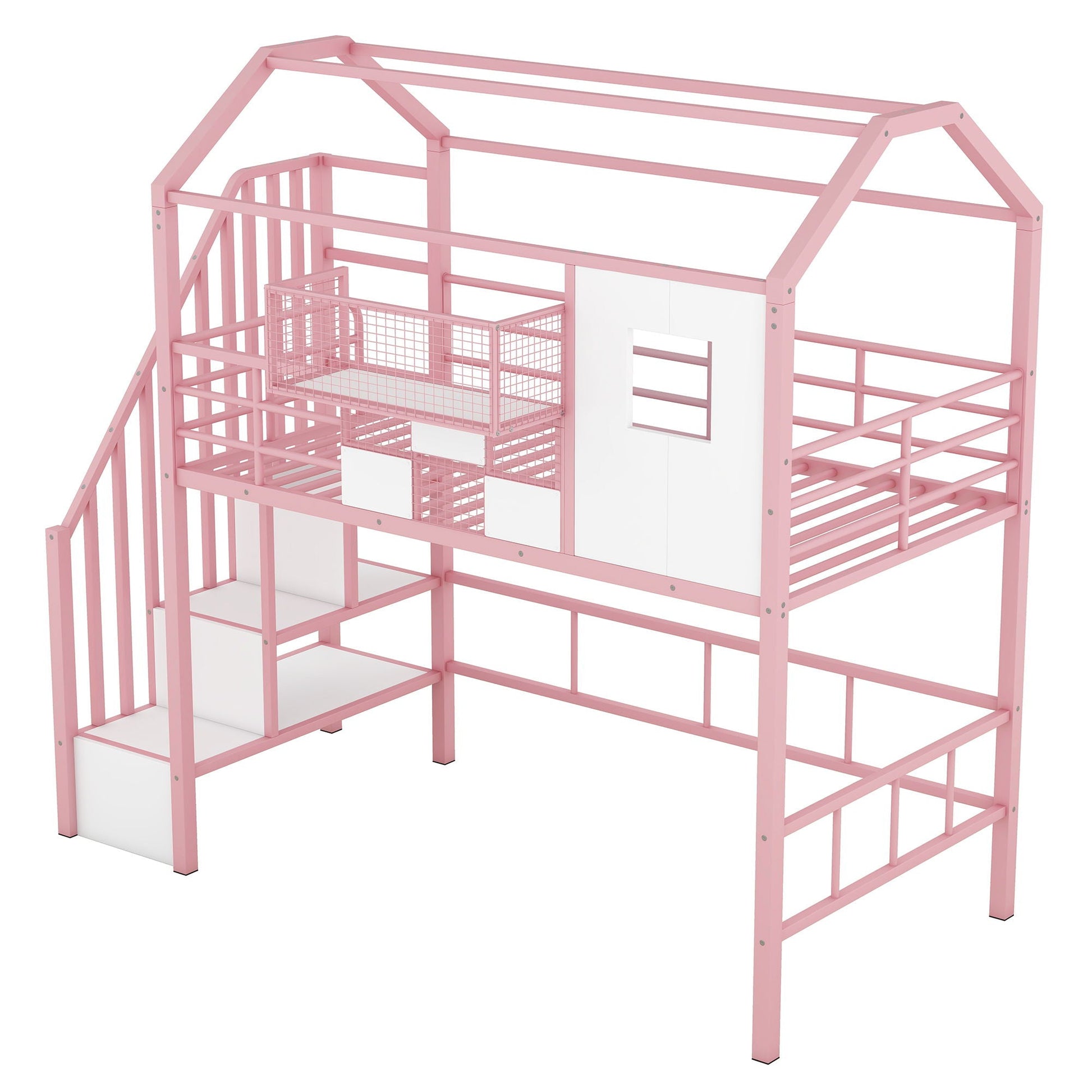 Pink metal loft bed with roof, guardrails, integrated ladder and storage box by HouseOfZazla on Tampa Home & Garden Store
