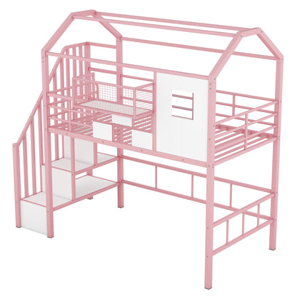 Pink metal loft bed with roof, guardrails, integrated ladder and storage box by HouseOfZazla on Tampa Home & Garden Store