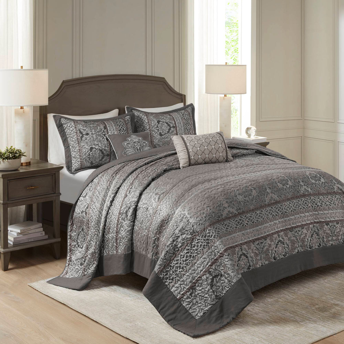 HouseOfZazla reversible jacquard queen bedspread set with decorative pillows in neutral gray on Tampa Home & Garden Store
