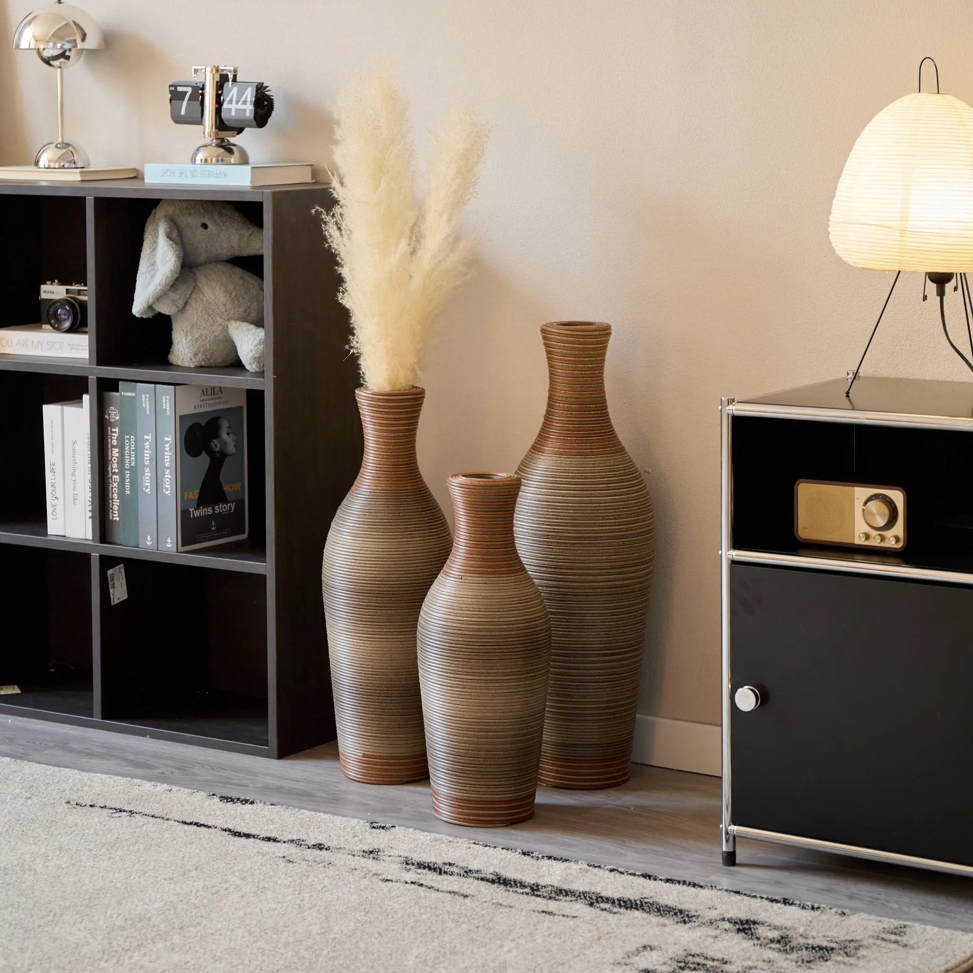 Classic And Neat Floor Vase set of 3 by Unique Piece Furniture, tall brown ribbed ceramic vases on Tampa Home & Garden Store