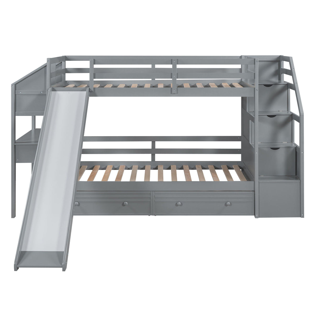 Bunk bed HouseOfZazla gray metal with storage staircase, slide and drawers on Tampa Home & Garden Store