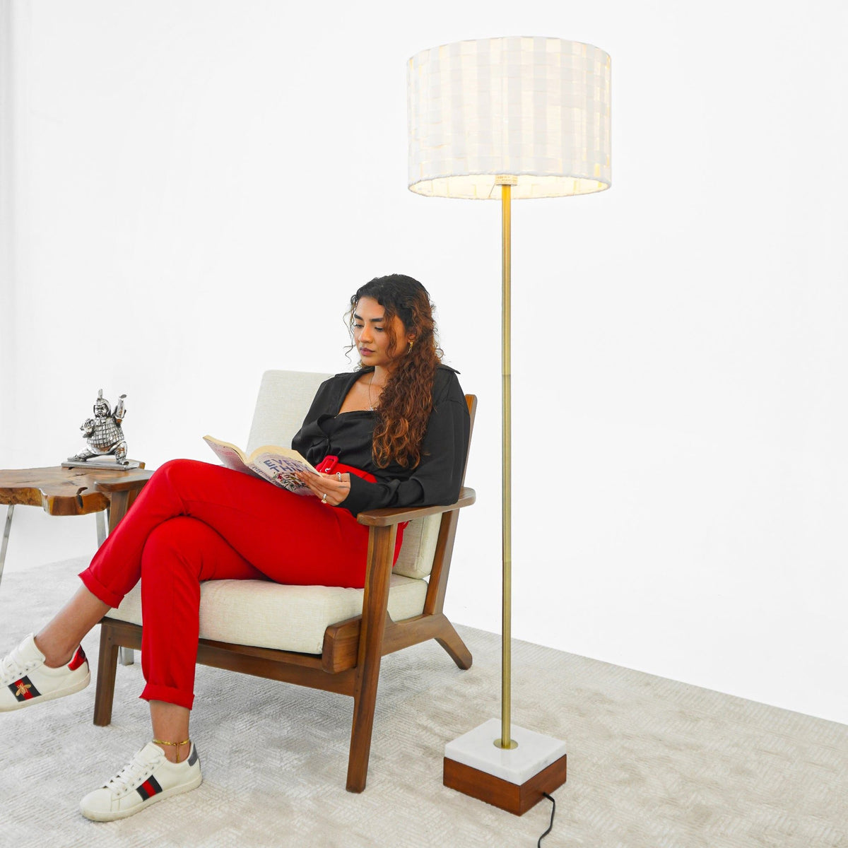 Viora floor lamp gold with white mosaic drum shade on tall brass stem and square marble base on Tampa Home & Garden Store