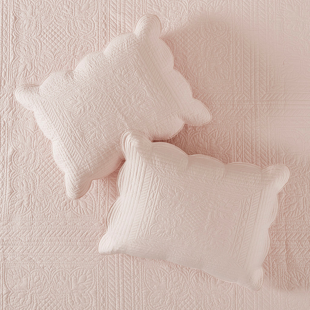 3 Piece Reversible Scalloped Edge Quilt Set in blush with two scalloped pillows on Tampa Home & Garden Store