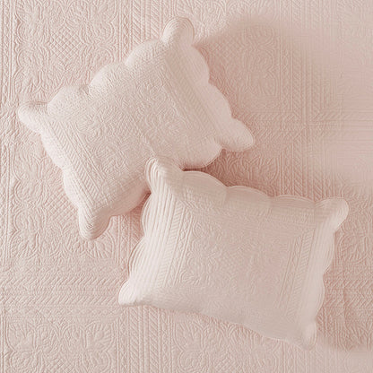 3 Piece Reversible Scalloped Edge Quilt Set in blush with two scalloped pillows on Tampa Home & Garden Store