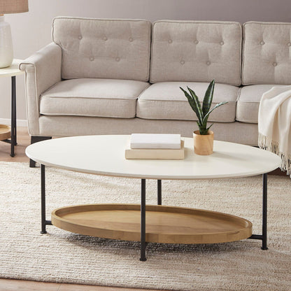 Oval coffee table with white top and natural wood shelf, black metal legs on Tampa Home & Garden Store