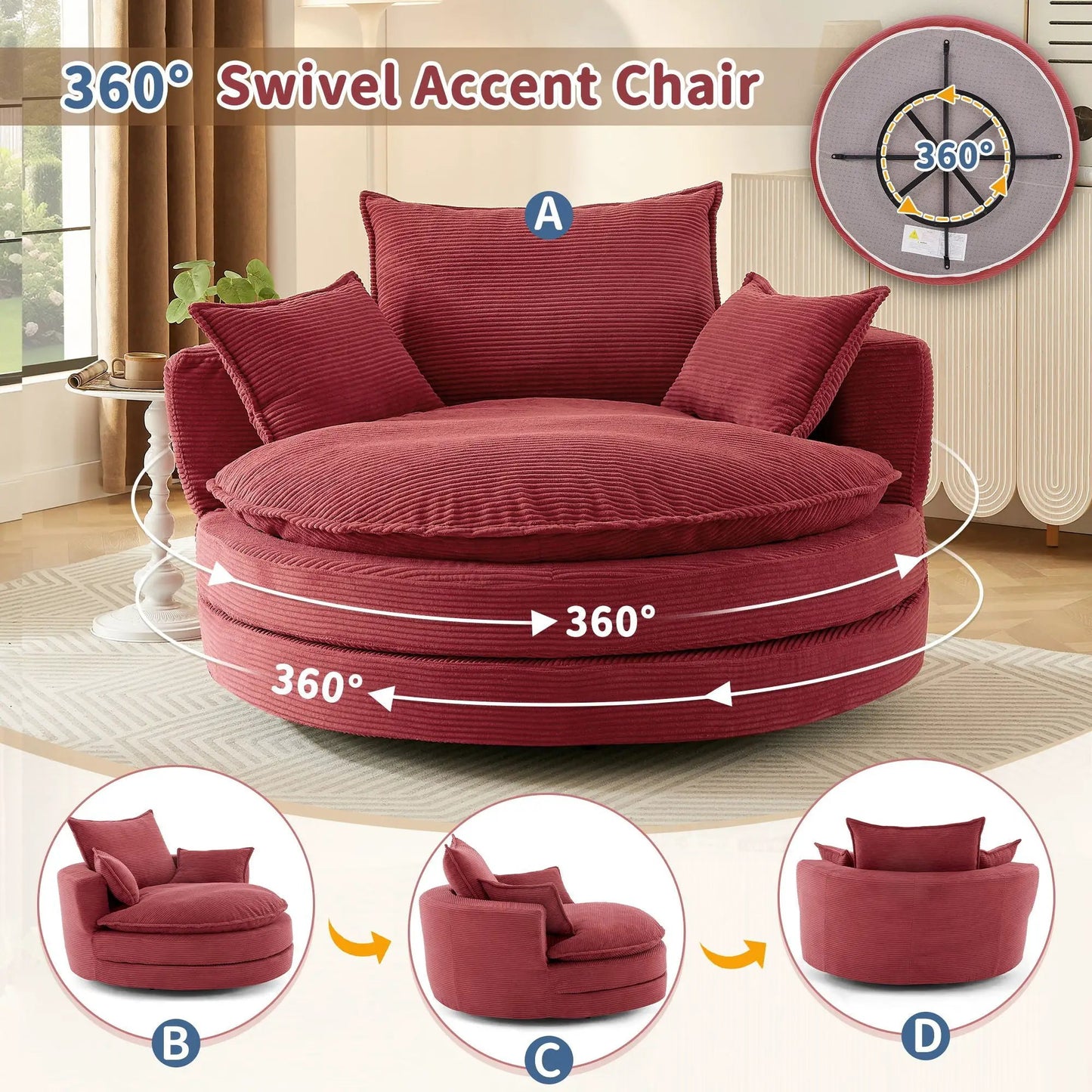 360 Degree Swivel Barrel Chair with Dual Cushions