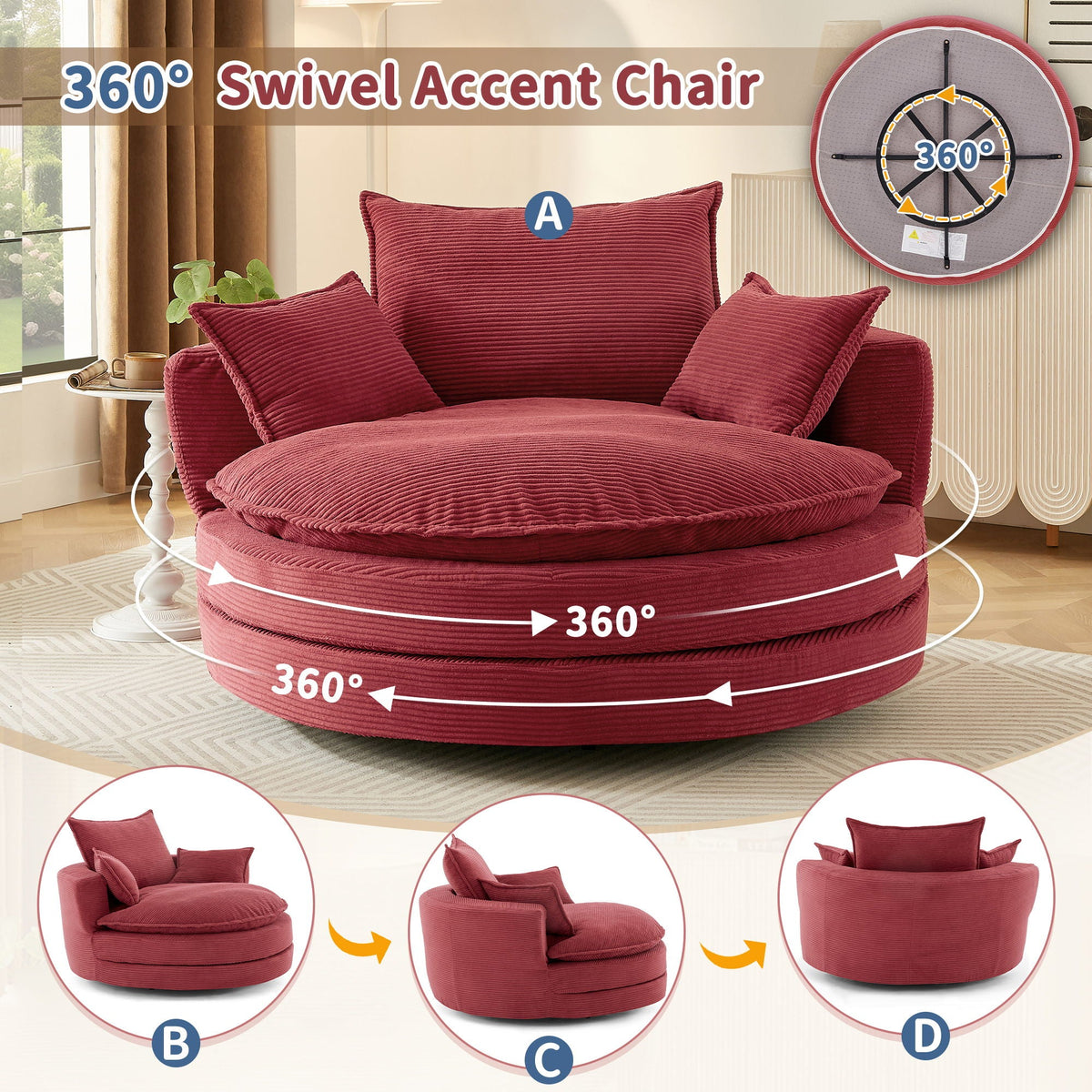Swivel barrel chair with cushion and pillows in red corduroy upholstery, 360-degree swivel on Tampa Home & Garden Store