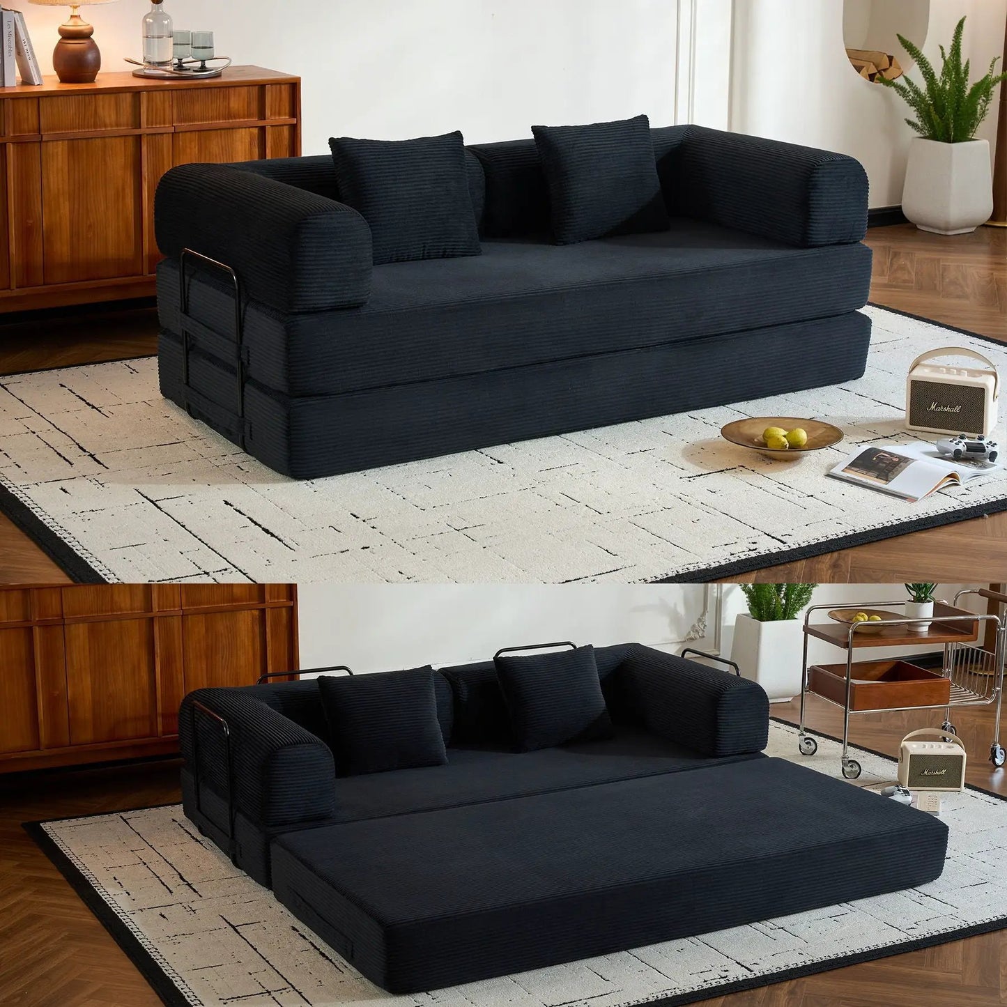 Convertible sleeper sofa with cylindrical pillows in black ribbed fabric and fixed-frame design on Tampa Home & Garden Store