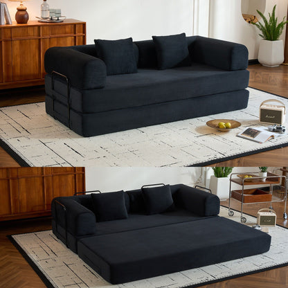 HouseOfZazla sleeper sofa bed with fixed frame in navy fabric and cylindrical pillow on Tampa Home & Garden Store