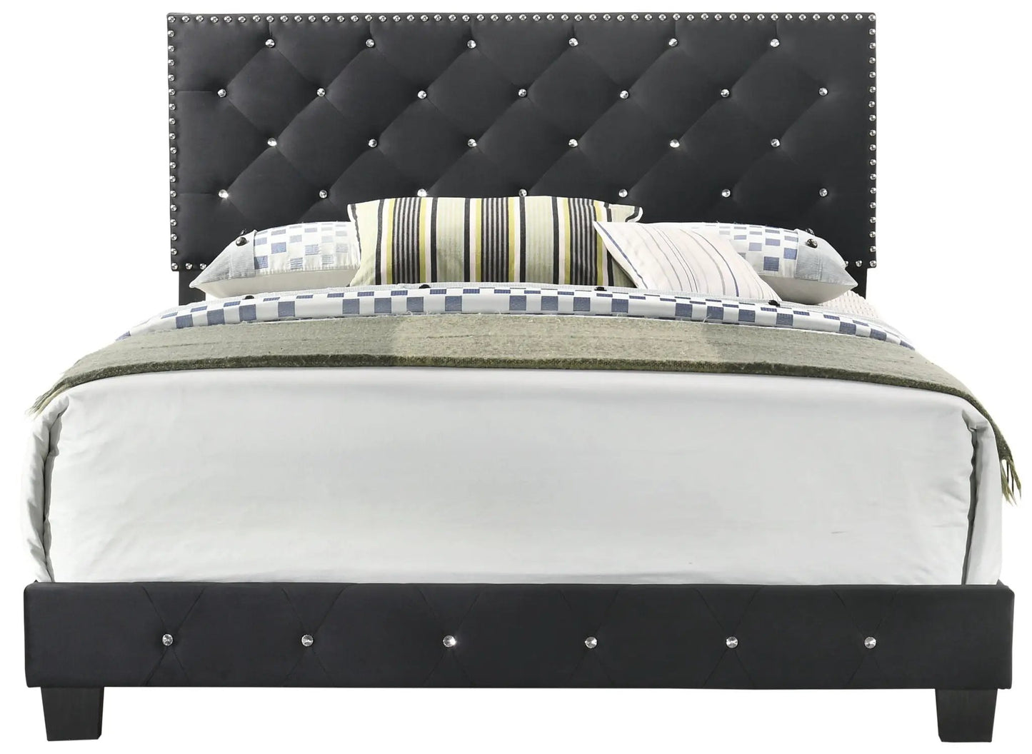Luxurious Upholstered Bed with tufted black headboard and crystal nailhead trim on Tampa Home & Garden Store