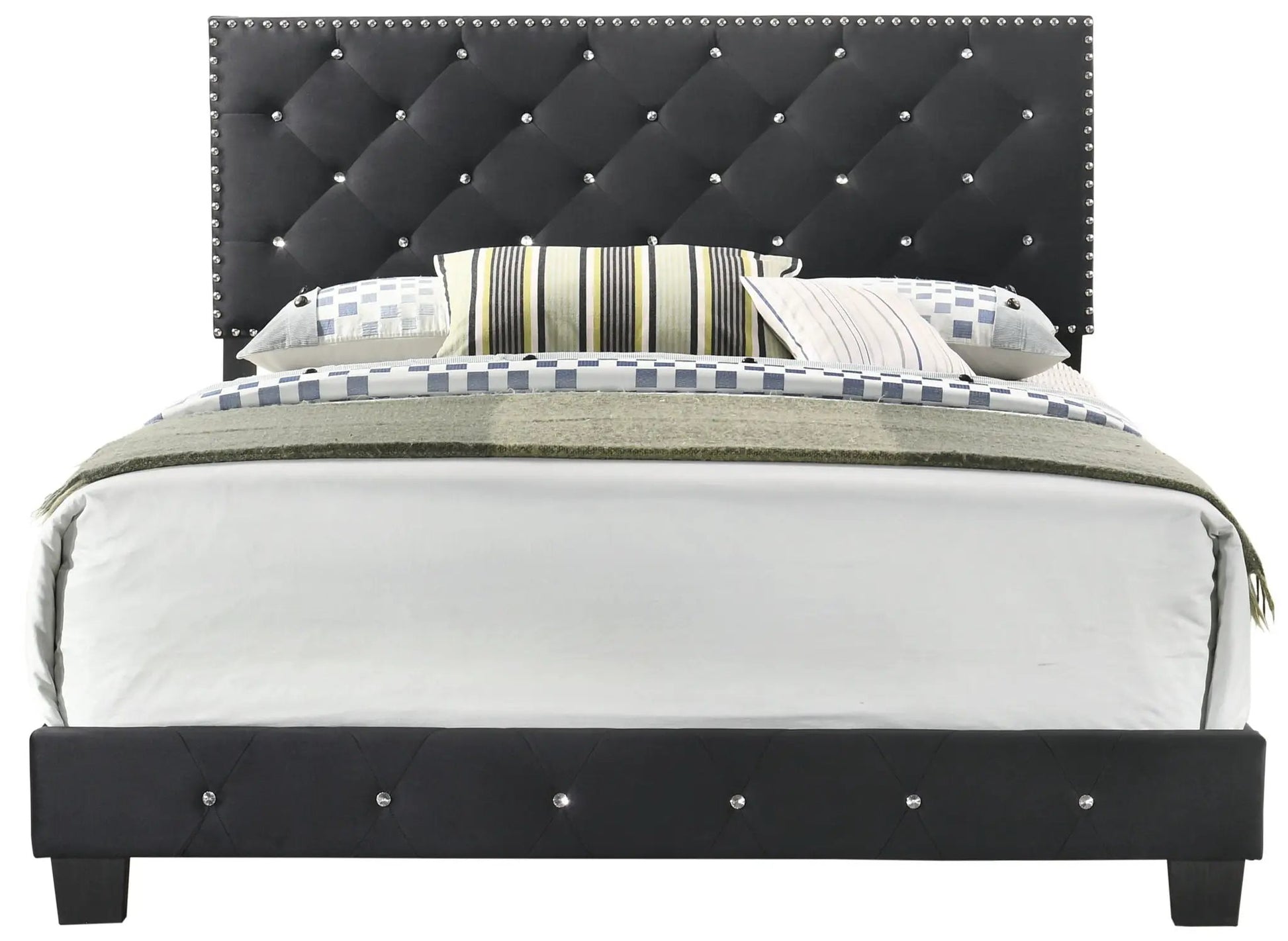 Luxurious Upholstered Bed with tufted black headboard and crystal nailhead trim on Tampa Home & Garden Store