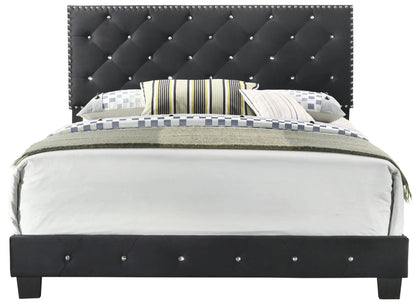 Luxurious Upholstered Bed with tufted black headboard and crystal nailhead trim on Tampa Home & Garden Store