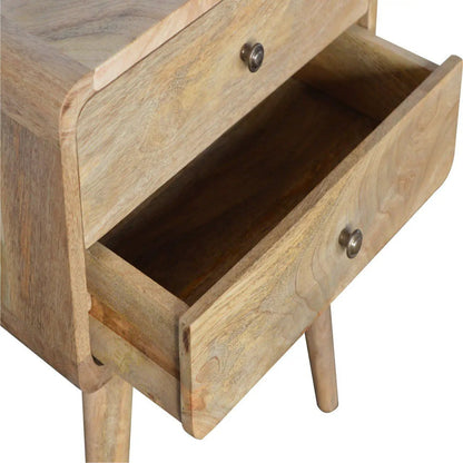 Curved nightstand natural wood finish with two drawers and metal knobs; mid-century legs on Tampa Home & Garden Store