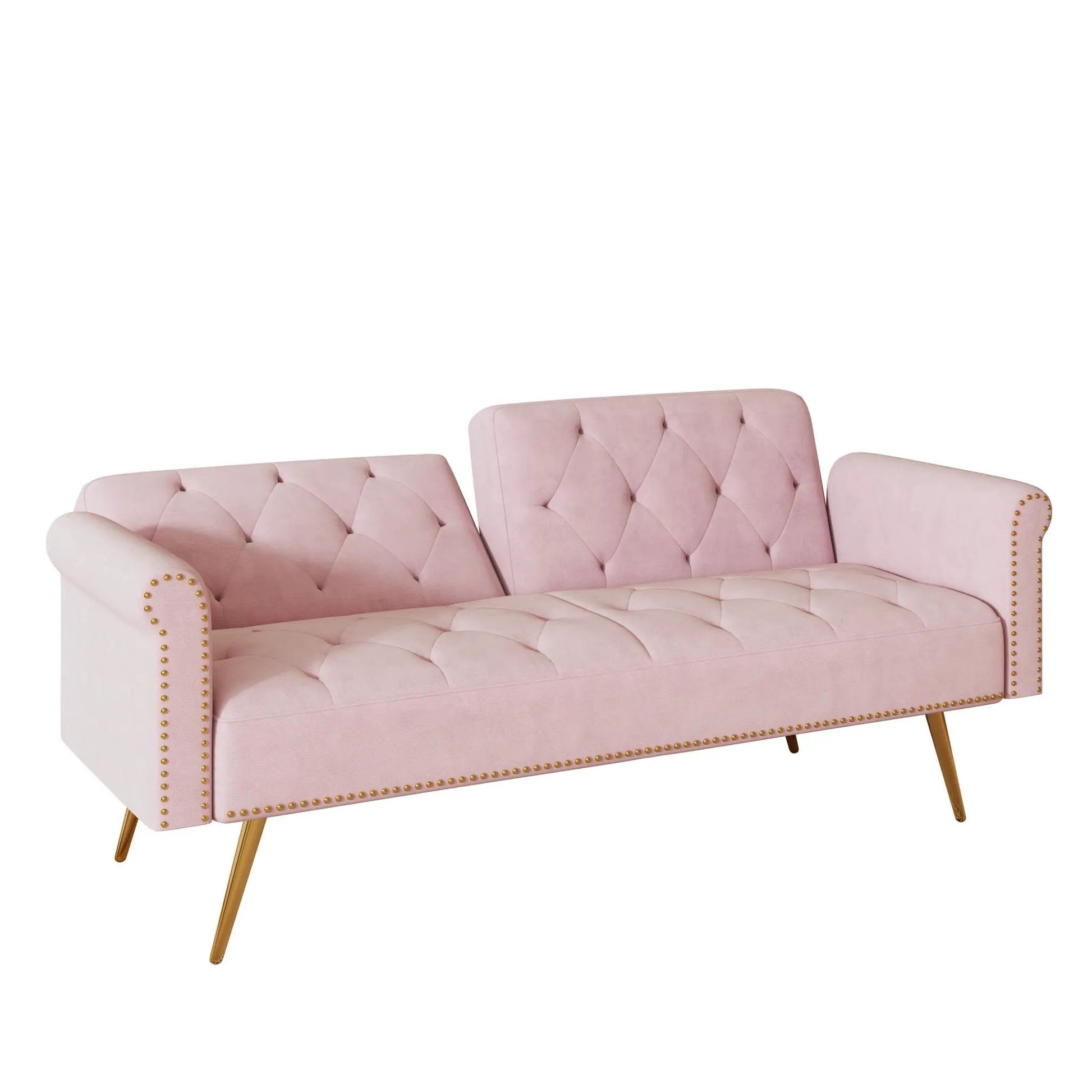 Pink tufted futon sofa bed with nailhead trim and matching pillow by Unique Piece Furniture on Tampa Home & Garden Store
