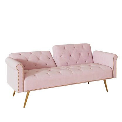 Pink tufted futon sofa bed with nailhead trim and matching pillow by Unique Piece Furniture on Tampa Home & Garden Store