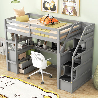 Loft Bed with Desk, gray metal frame with shelves and 2 drawers, storage staircase by HouseOfZazla on Tampa Home & Garden Store