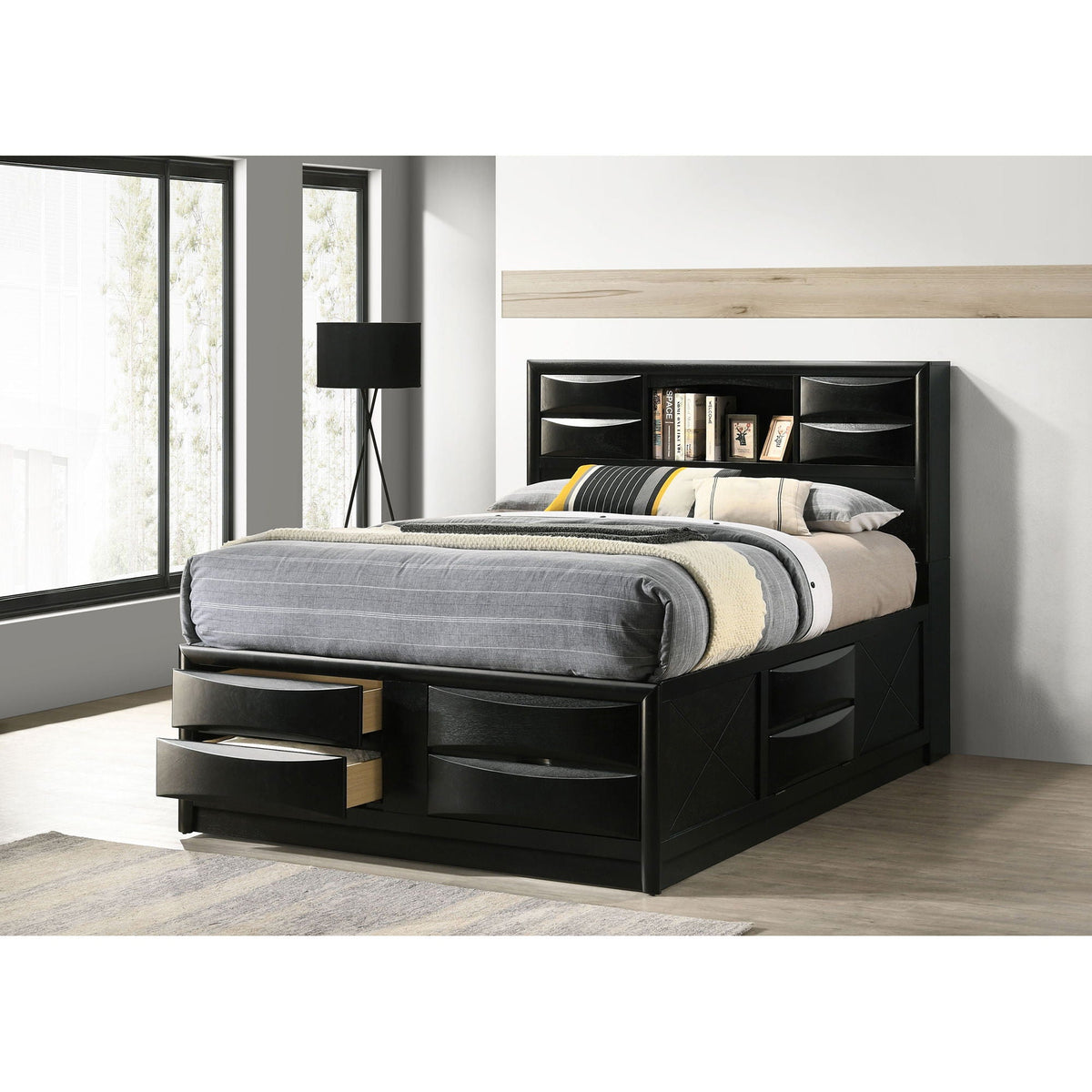 Jazz storage bed by HouseOfZazla in black wood with bookcase headboard and drawers on Tampa Home & Garden Store