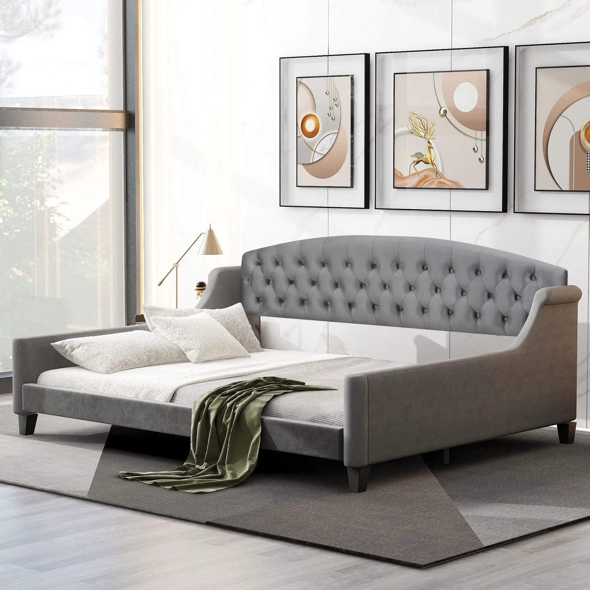 Modern Tufted Button Daybed in grey upholstery with tufted buttons and curved arms on Tampa Home & Garden Store