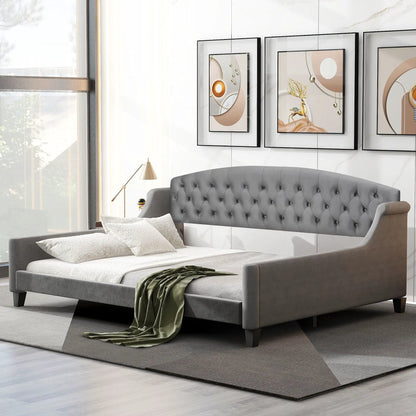 Modern Tufted Button Daybed in grey upholstery with tufted buttons and curved arms on Tampa Home & Garden Store