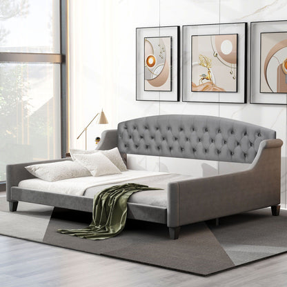 Modern Tufted Button Daybed by HouseOfZazla in gray upholstery with curved arms on Tampa Home & Garden Store