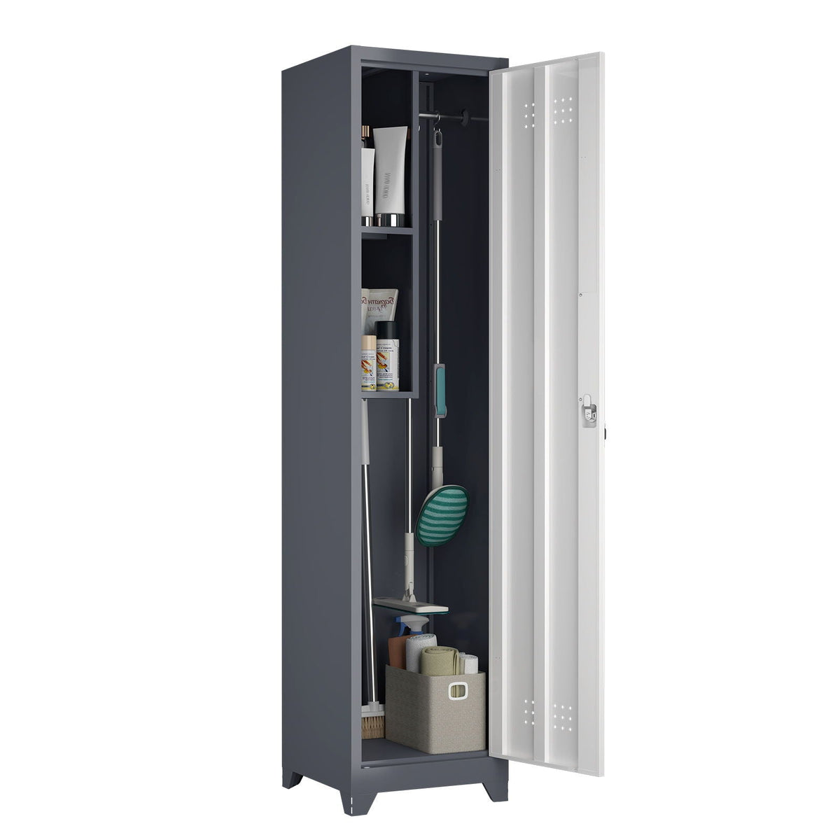 Broom storage cabinet narrow slim with hooks and shelves in dark gray by HouseOfZazla heavy-duty storage cabinet on Tampa Home & Garden Store