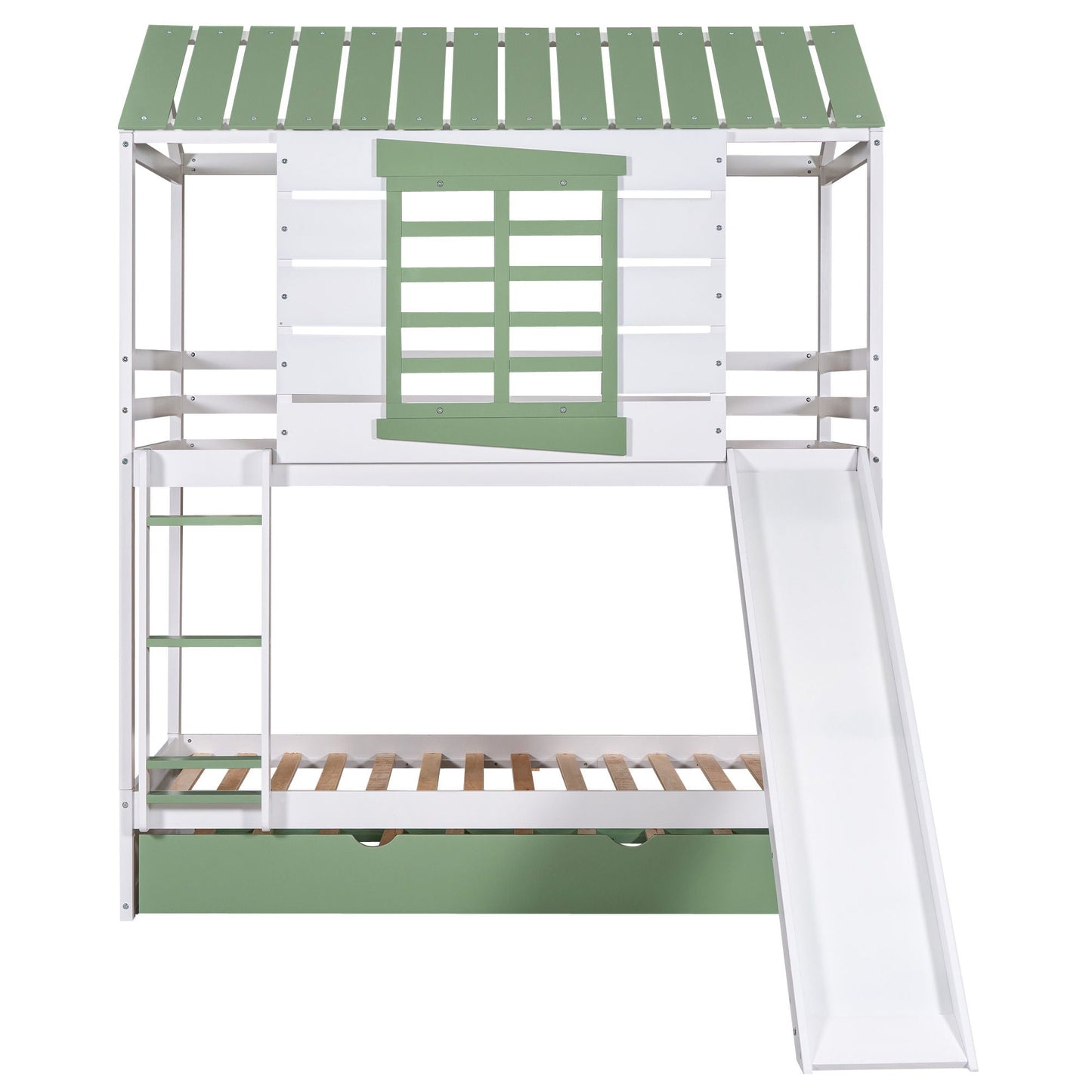 Twin over twin house bunk bed with slide and trundle, white frame with green slat accents on Tampa Home & Garden Store