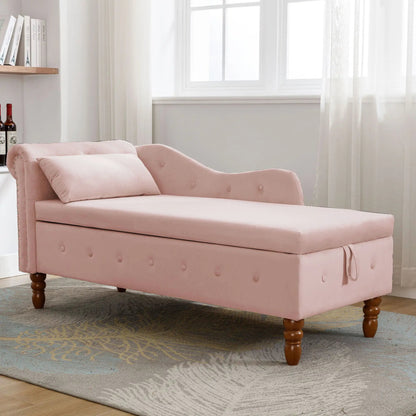 Pink upholstered chaise lounge with nailhead trim rolled arms and storage pillow in bedroom on Tampa Home & Garden Store