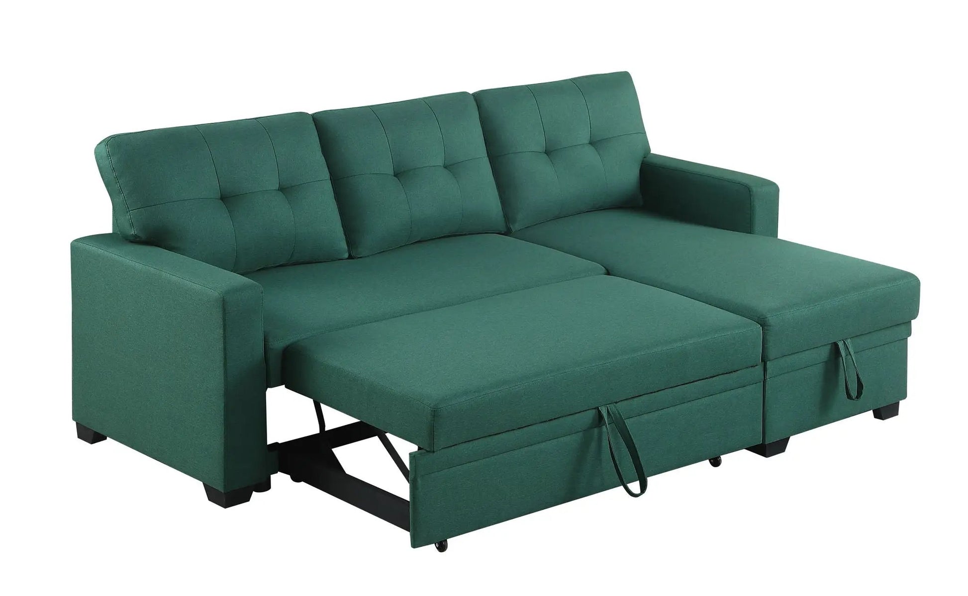 Upholstered pull-out sectional sofa with chaise in green fabric; tufted back cushions and bed extension by Unique Piece Furniture on Tampa Home & Garden Store