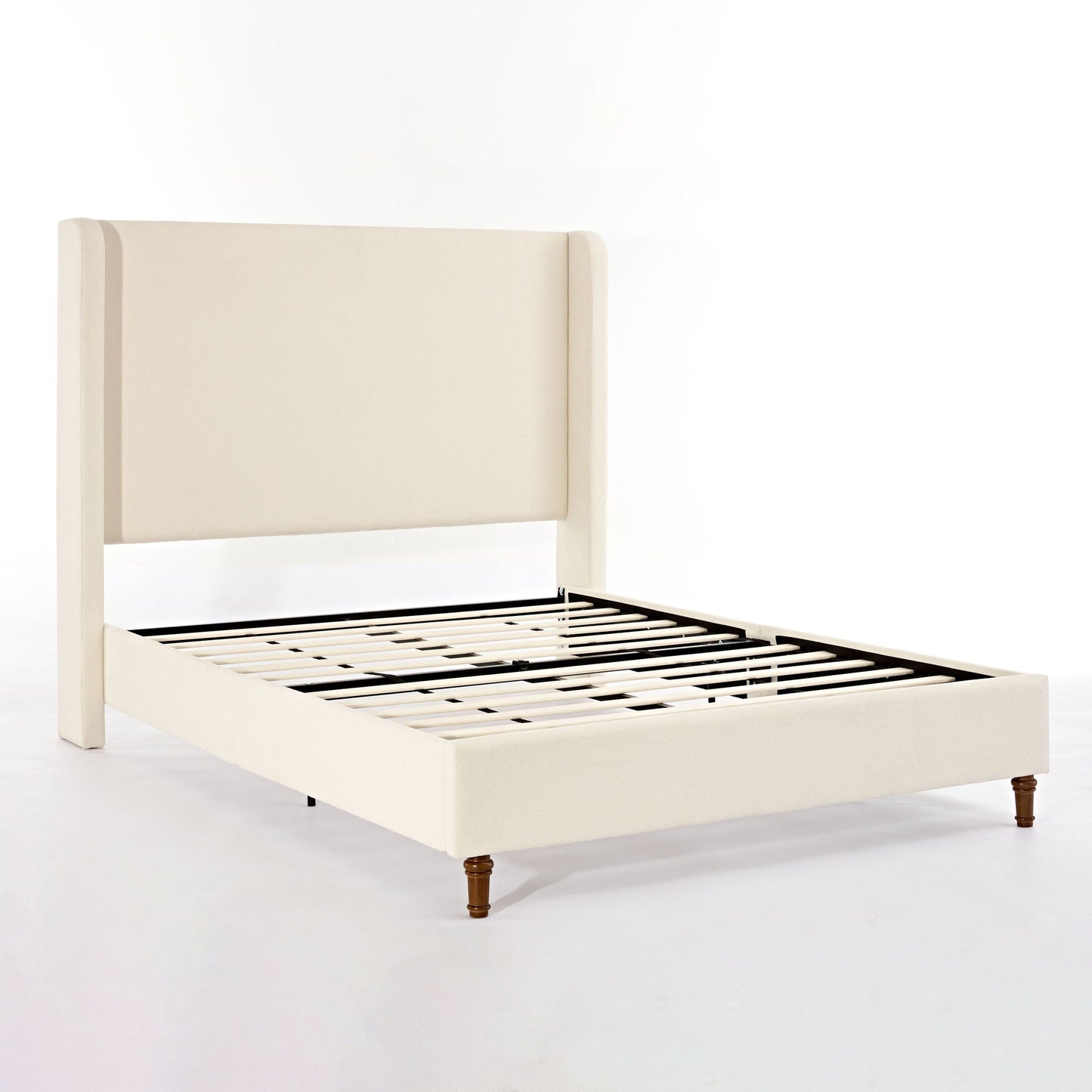 Harper Tall Headboard Upholstered Bed in cream fabric with wooden legs and slatted base on Tampa Home & Garden Store