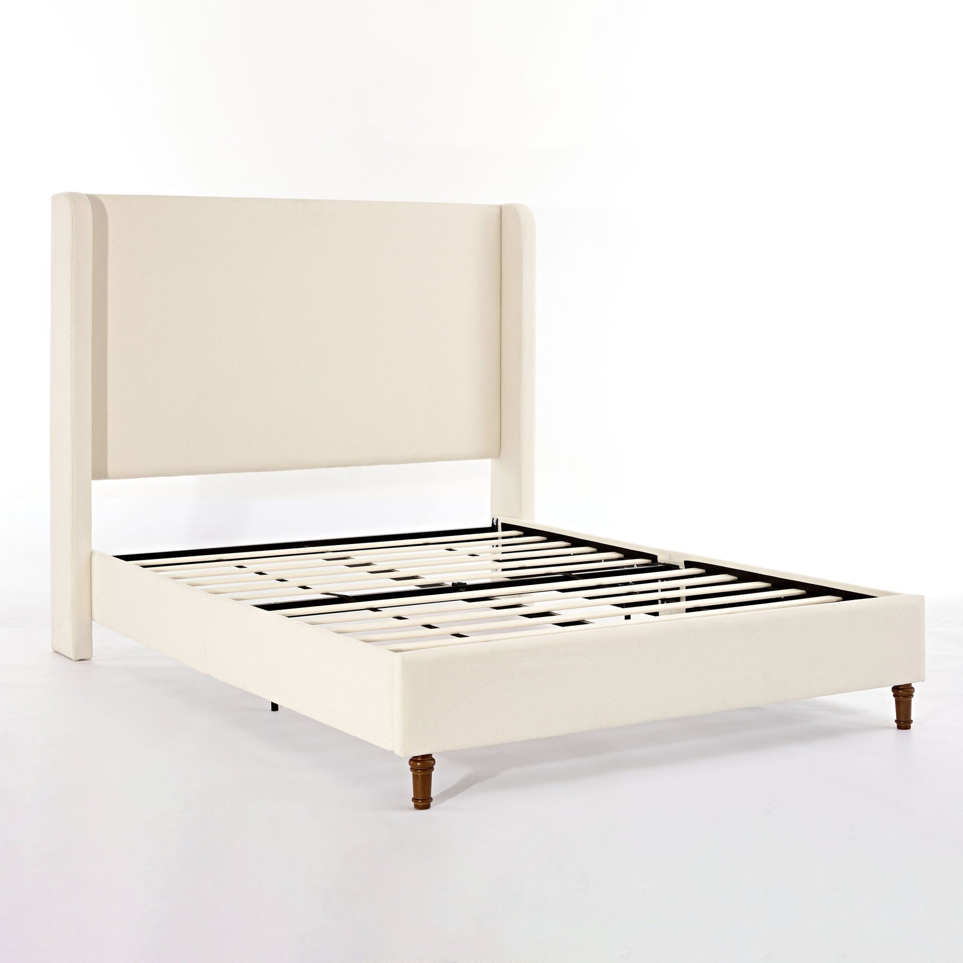 Harper Tall Headboard Upholstered Bed in cream fabric with wooden legs and slatted base on Tampa Home & Garden Store