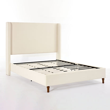 Harper Tall Headboard Upholstered Bed in cream fabric with wooden legs and slatted base on Tampa Home & Garden Store