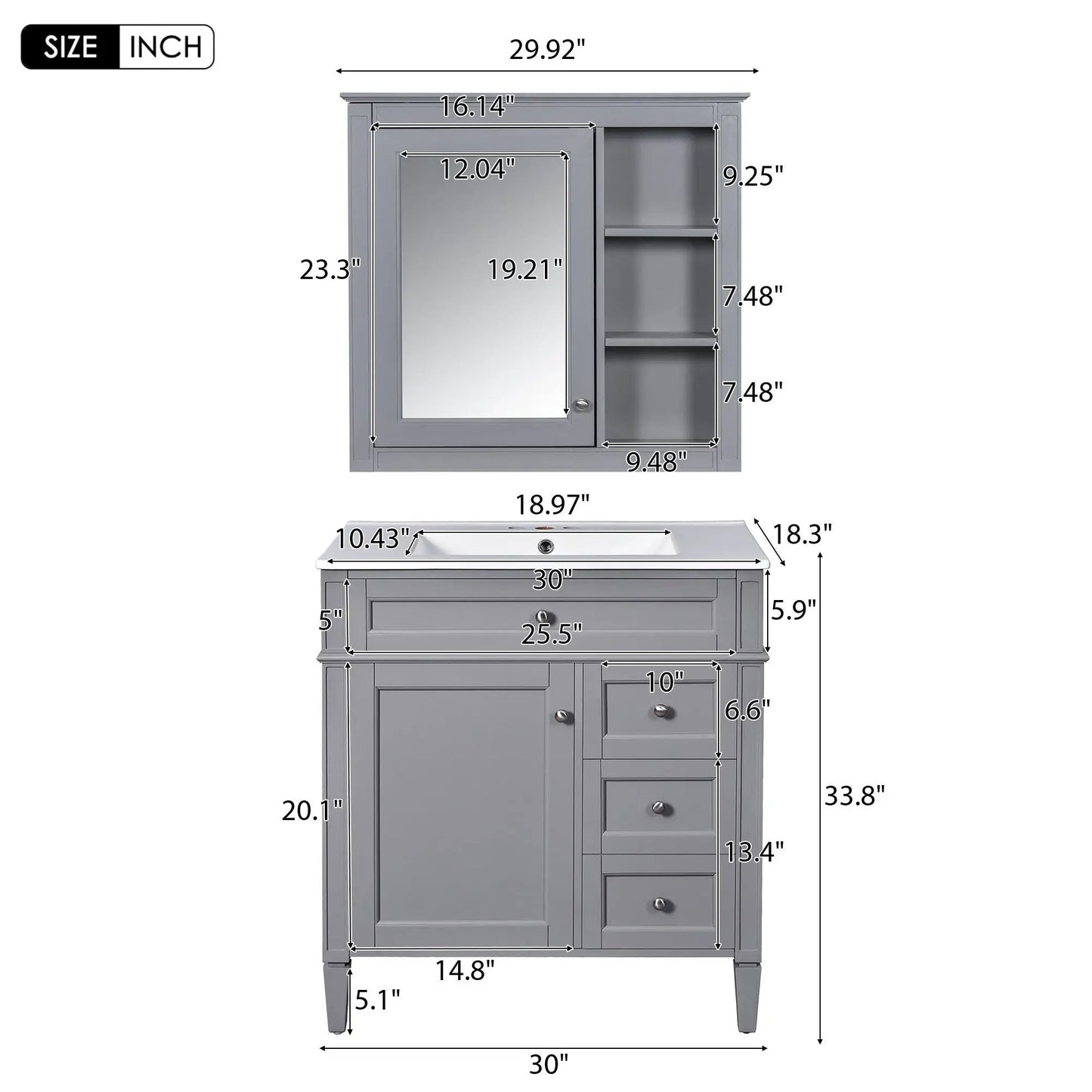 Gray Vanity With Top Sink and Mirror Cabinet