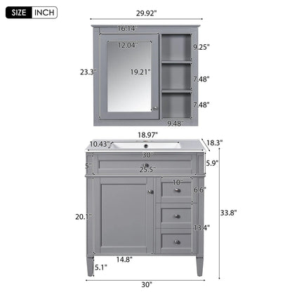 Gray Vanity With Top Sink and Mirror Cabinet