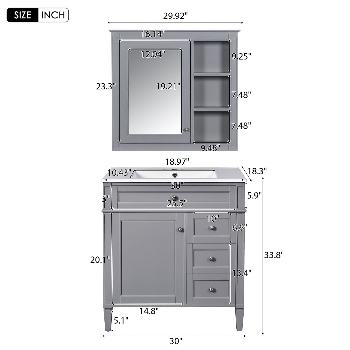 Gray Bathroom Vanity with a Top Sink and Cabinet